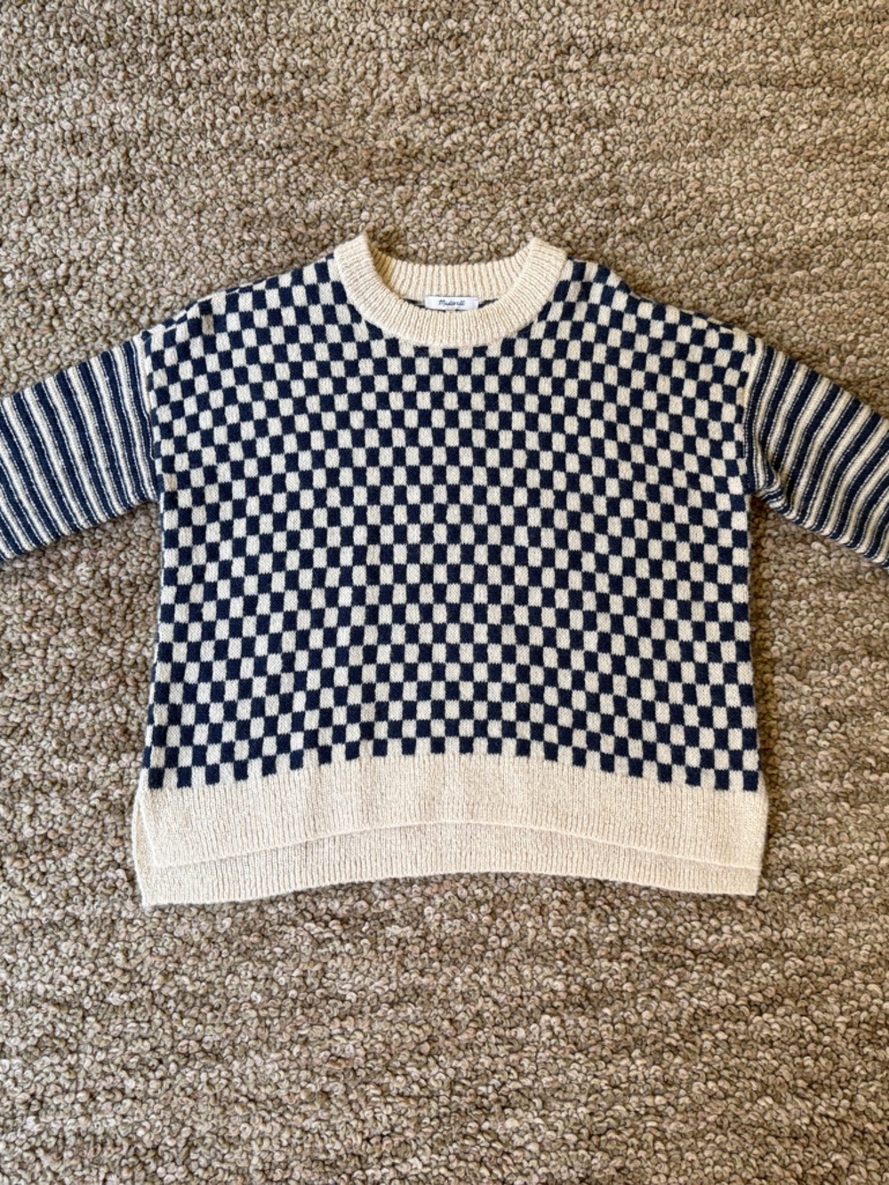 Madewell Checker Knit Crewneck Sweater in Navy and Cream